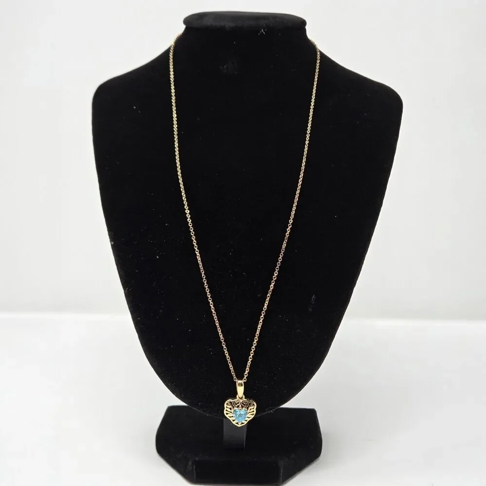 Gold Plated 925 Sterling Silver Heart Pendant Necklace Blue‎ CZ Filigree 18
